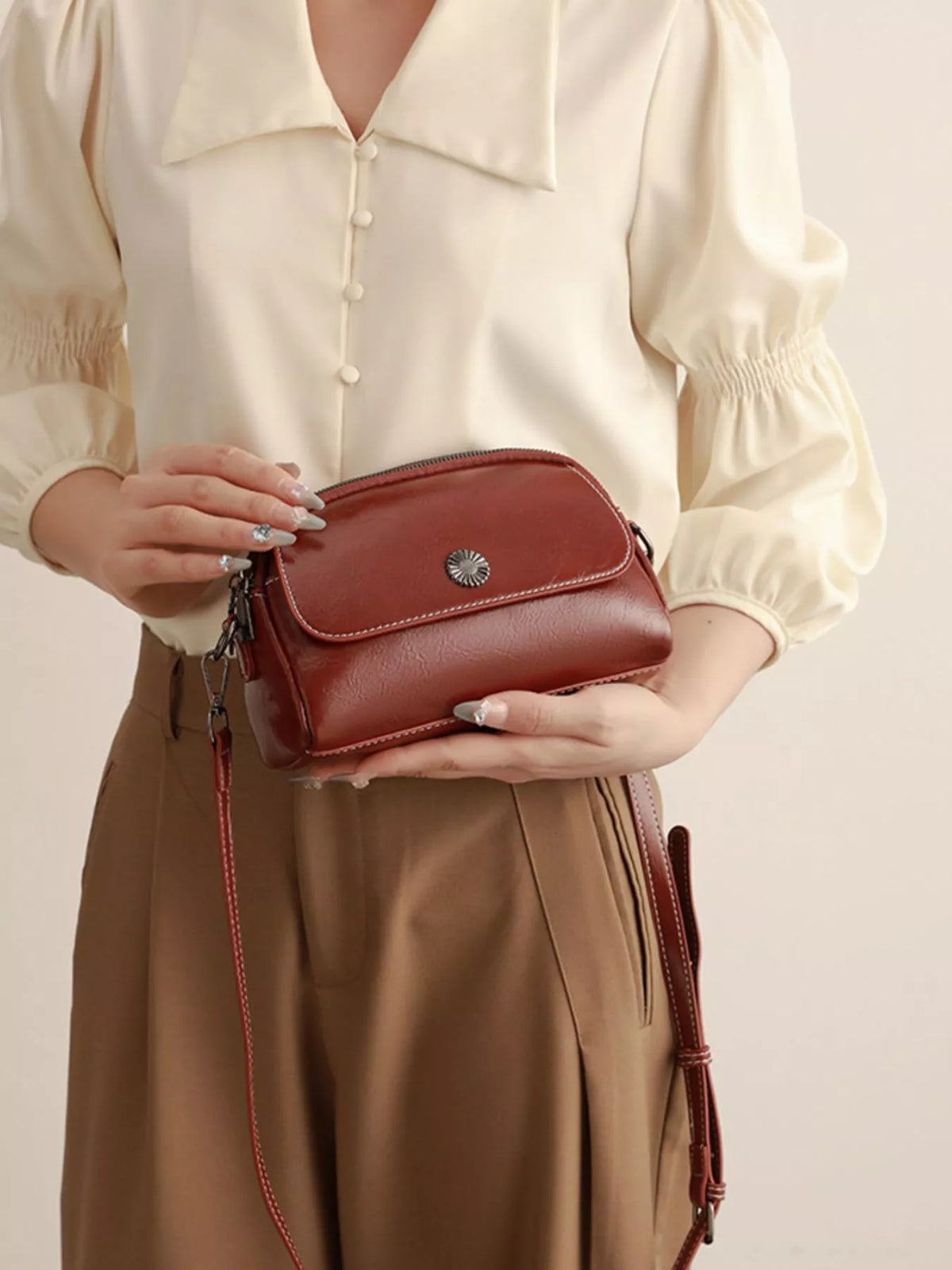 PU Leather Crossbody Bag with Metal Emblem Detail in Brown, view 3