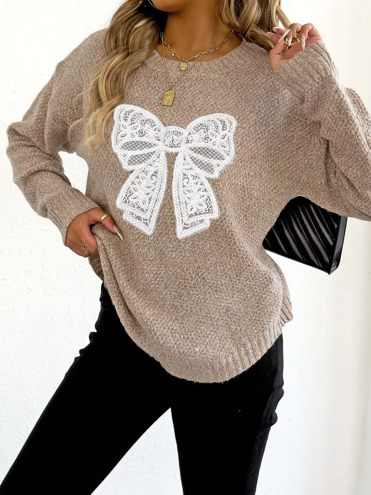 Lace Bow Embroidered Round Neck Sweater - Lilixa.store