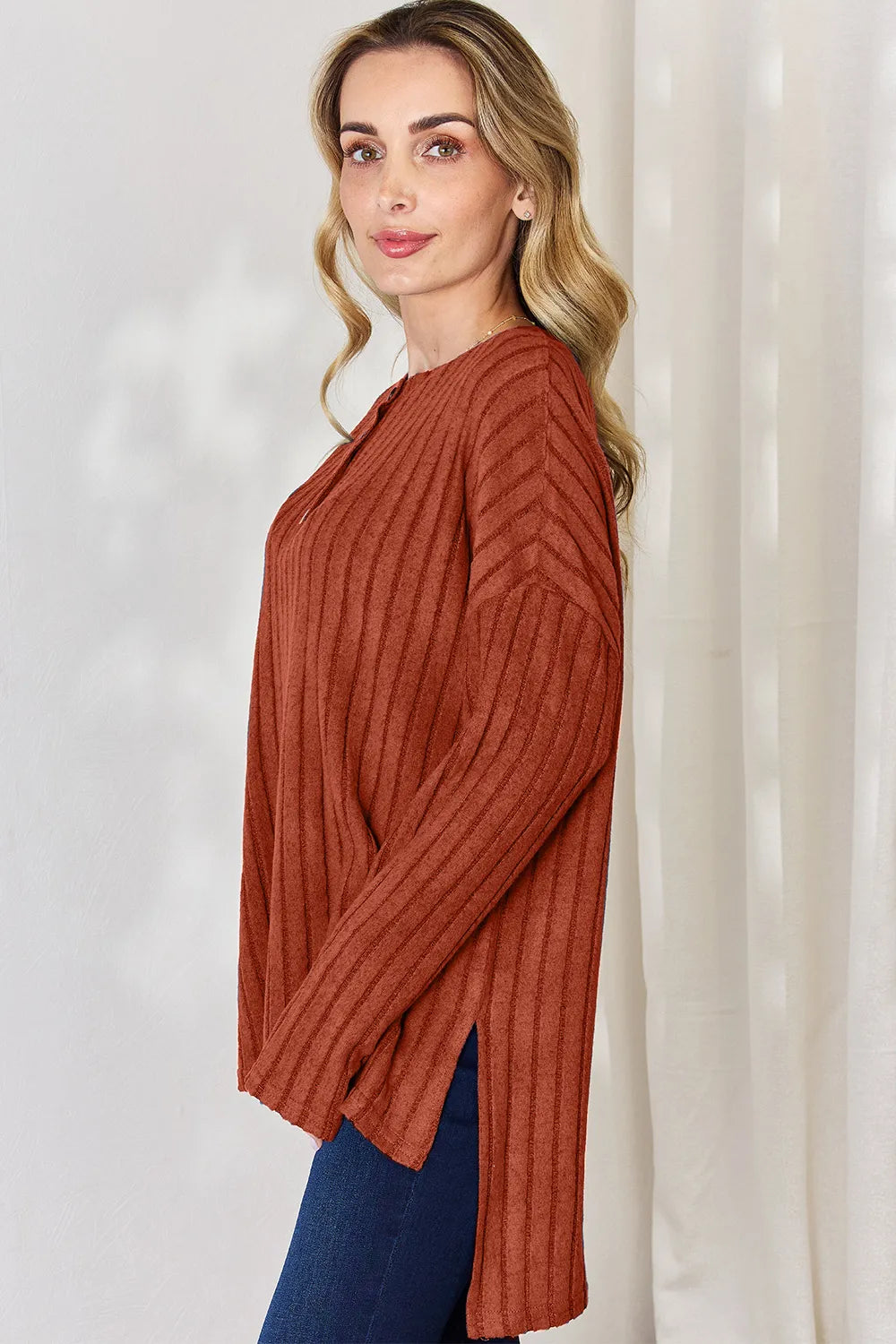 Basic Bae Full Size Ribbed Half Button Long Sleeve High-Low T-Shirt - Lilixa.store