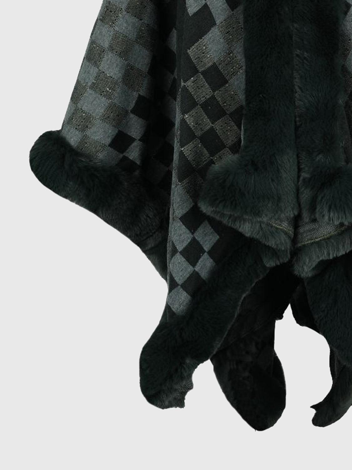 Checkered Faux Fur Trim Poncho, view 8