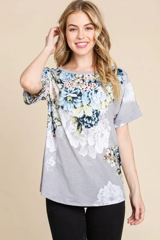 BOMBOM Floral Round Neck Short Sleeve T-Shirt - Lilixa.store