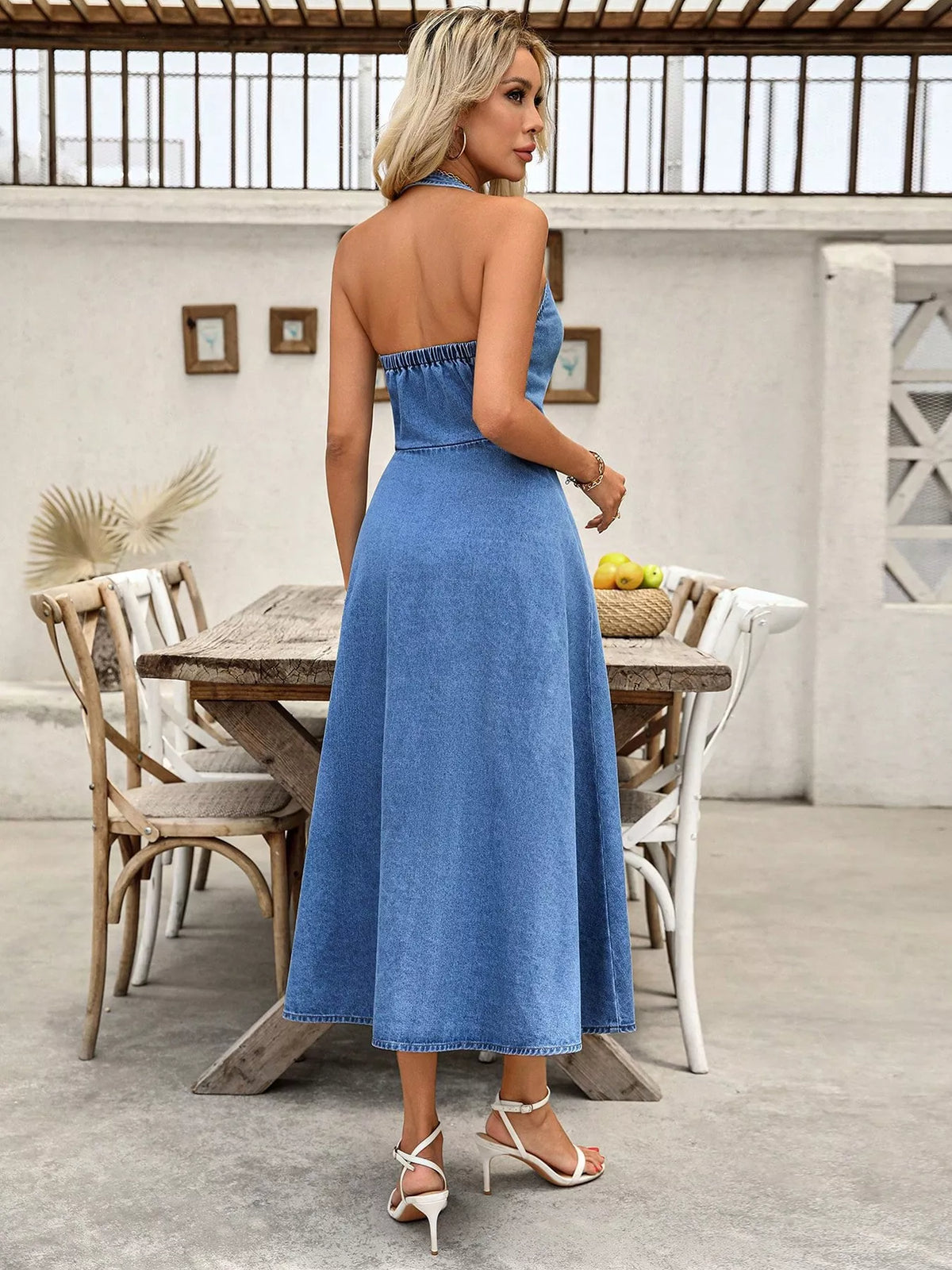 Halter Neck Button-Down Denim Dress - Lilixa.store