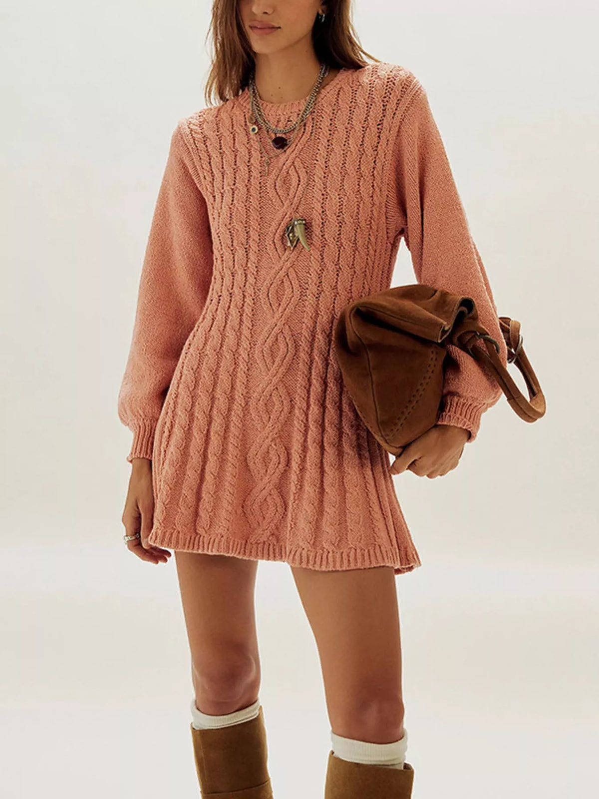 Cable Knit Sweater Mini Dress in Burnt Coral