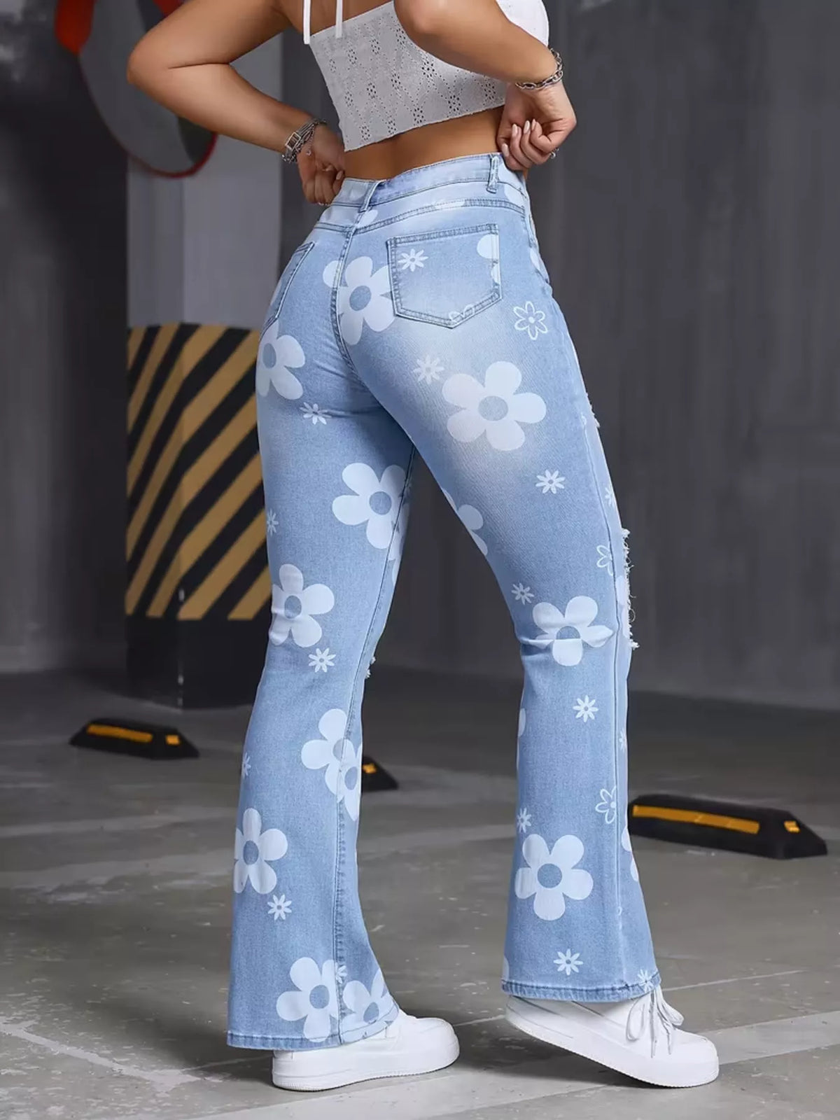High-Waisted Floral Print Distressed Flare Jeans - Lilixa.store
