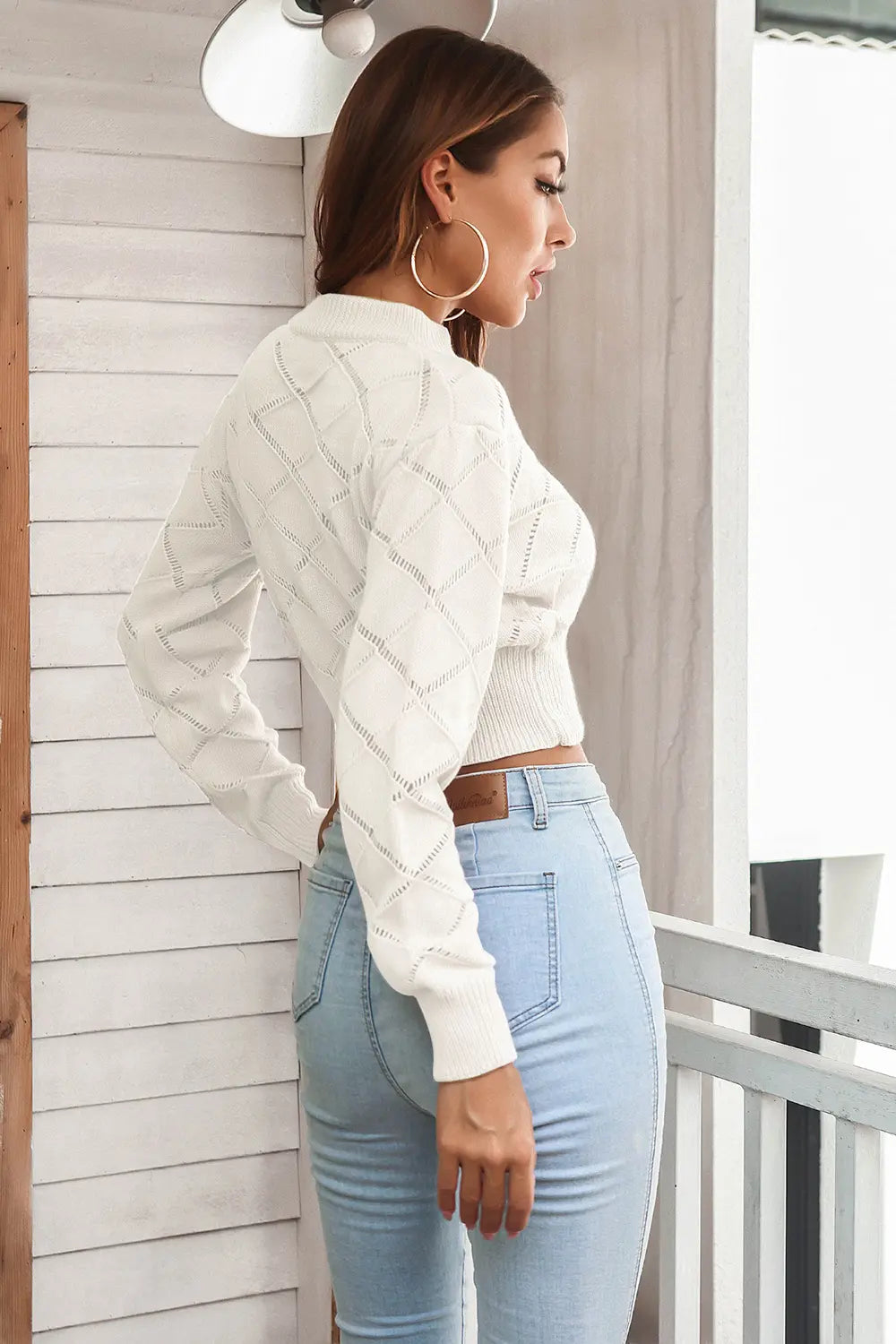 Openwork Plaid Round Neck Cropped Sweater, view 6