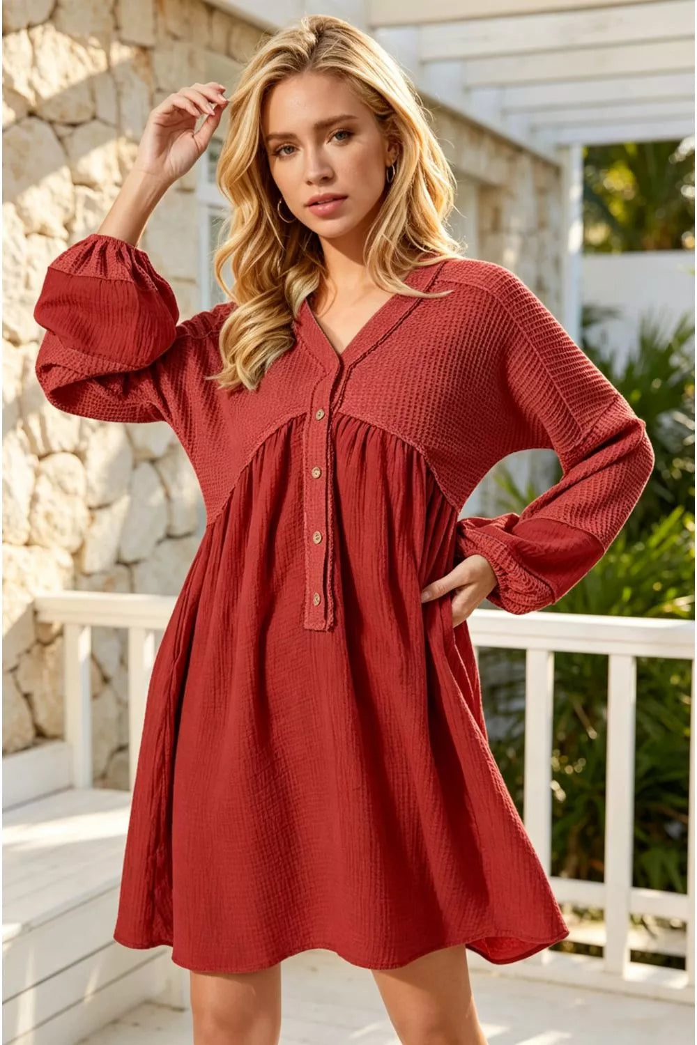 Double Take Waffle-Knit Contrast Half Button V-Neck Long Sleeve Mini Dress in Red