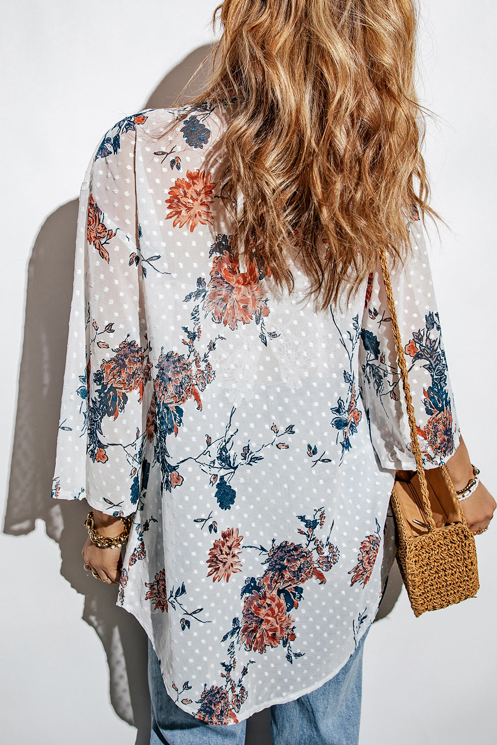 Floral Three-Quarter Sleeve Open Front Cardigan - Lilixa.store