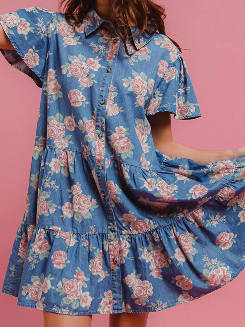 Floral Print Denim Button-Down Tiered Mini Dress - Lilixa.store