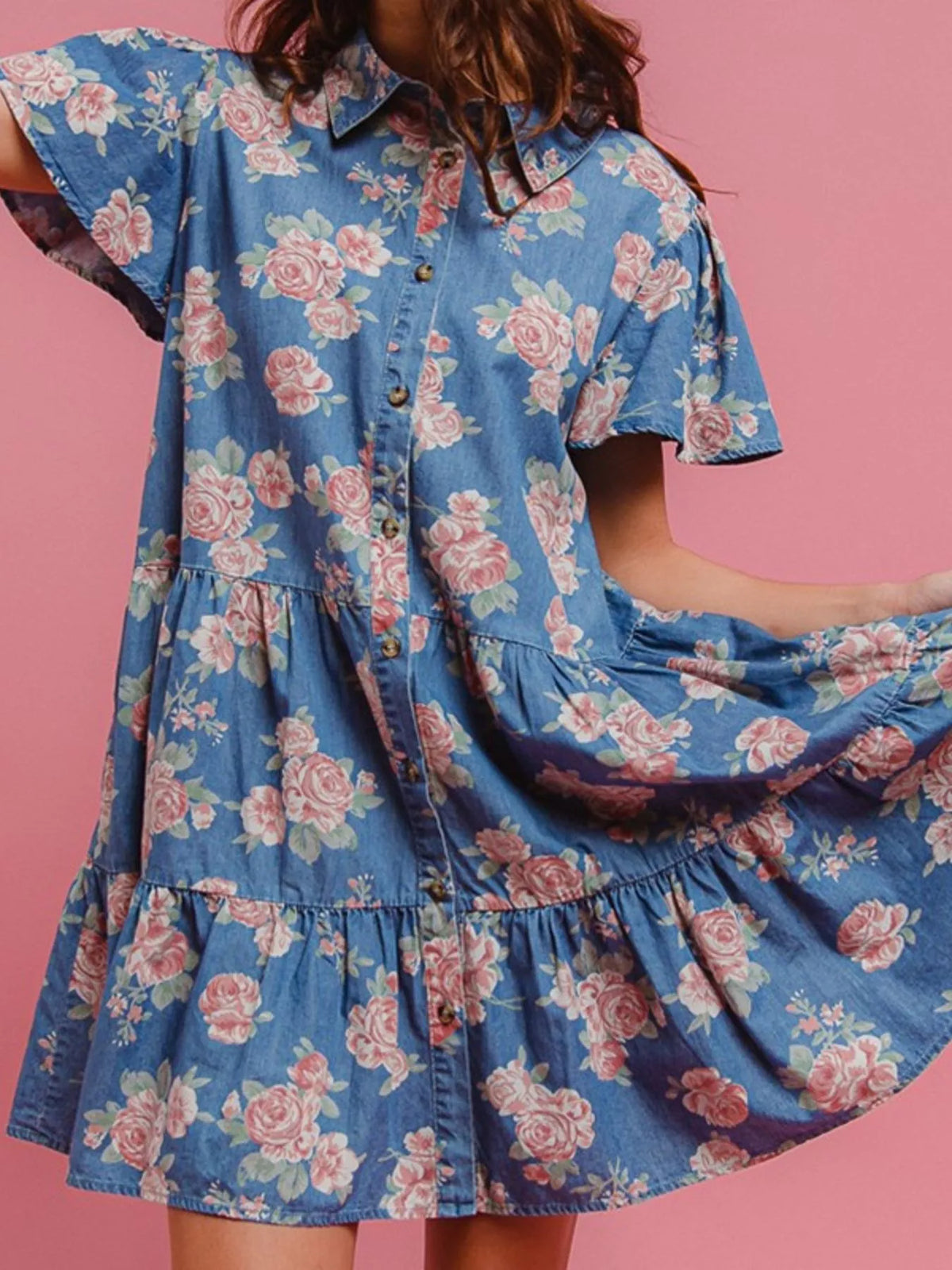 Floral Print Denim Button-Down Tiered Mini Dress in Light Blue, view 4