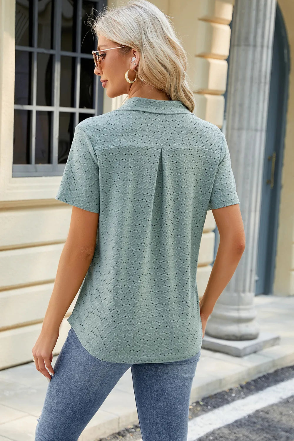 Pocketed Johnny Collar Short Sleeve Blouse - Lilixa.store