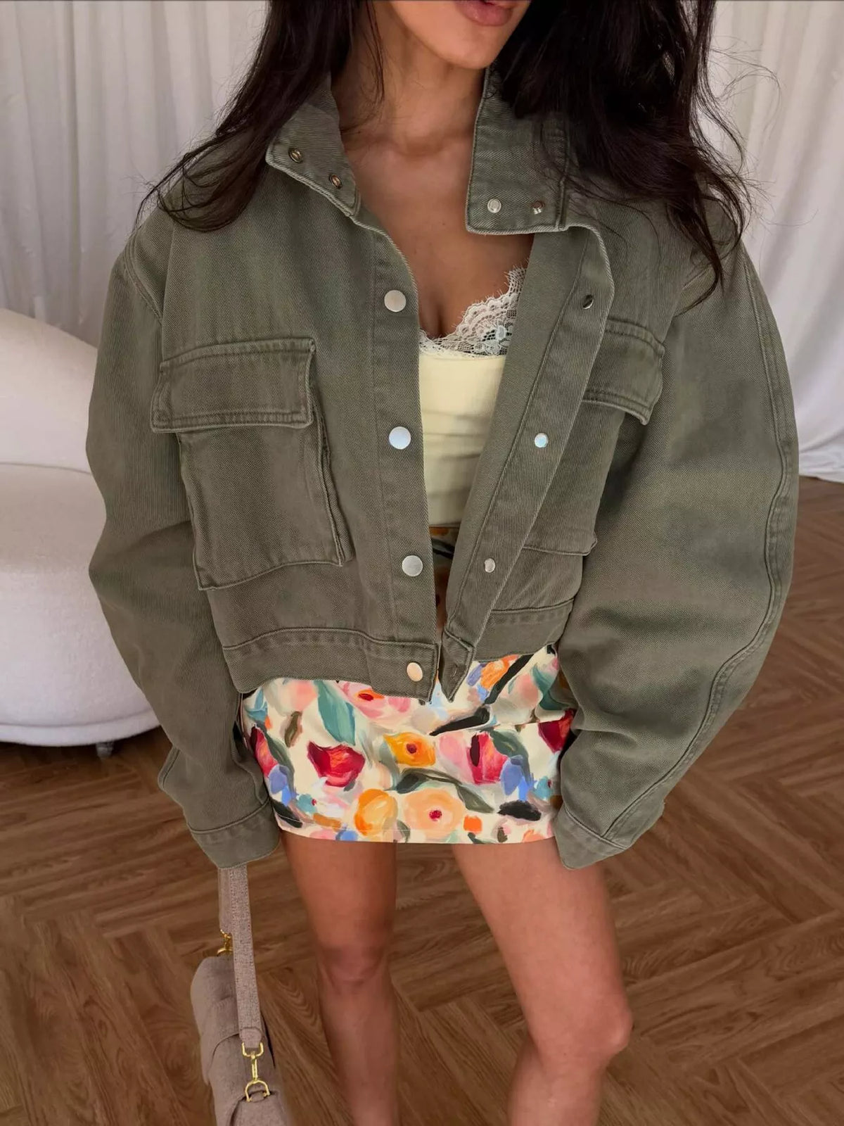 Oversized Utility Cropped Denim Jacket, view 8