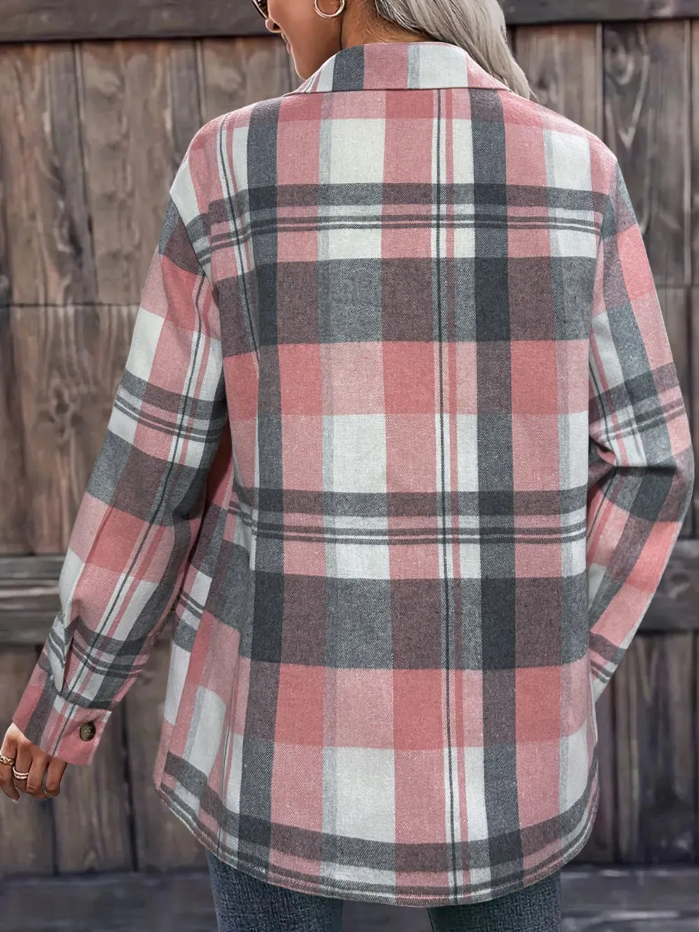 Pocketed Plaid Collared Neck Shacket in Dusty Pink, view 2