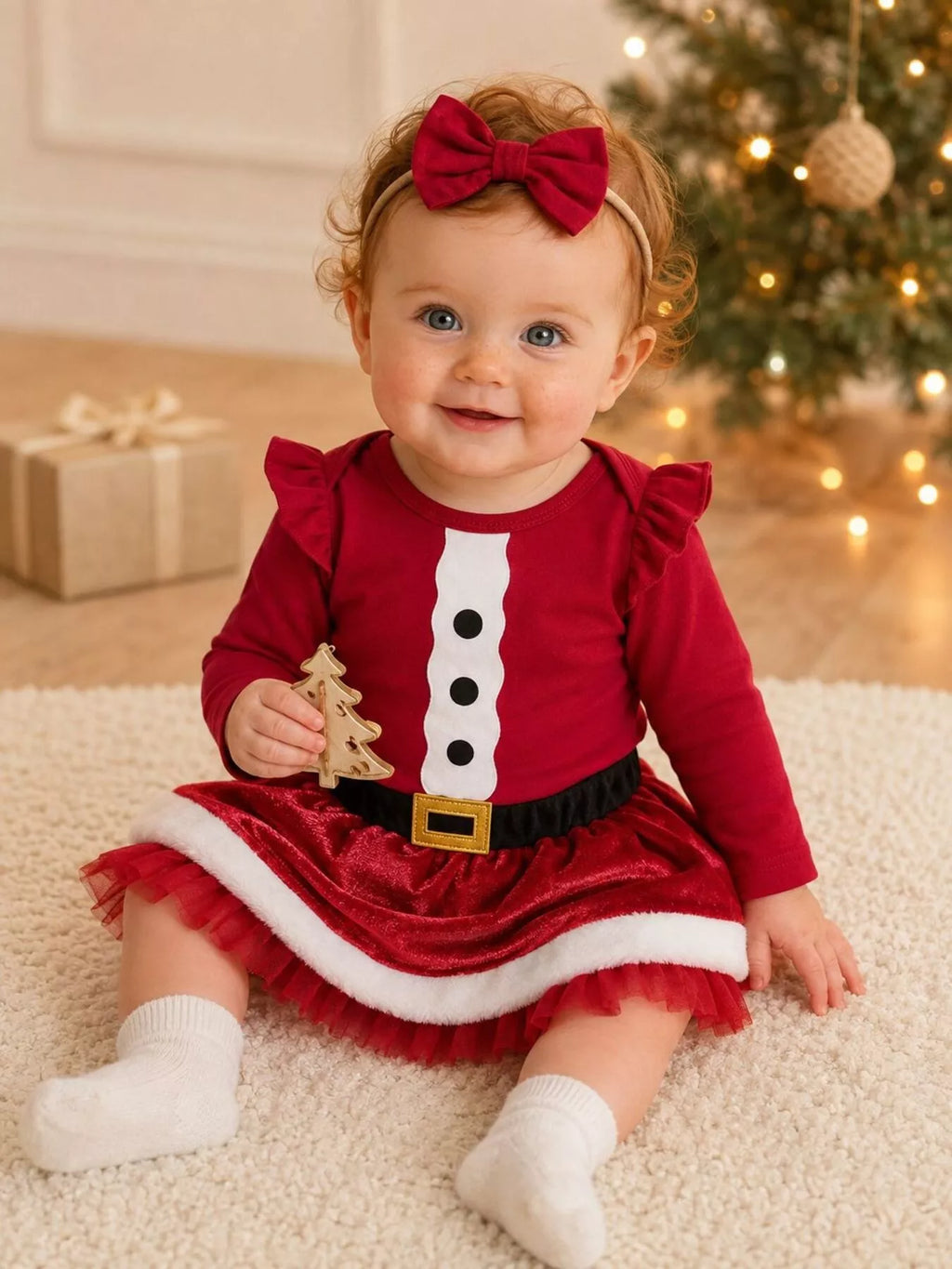 Children's Christmas Long Sleeve Bodysuit and Skirt Set with Bow Headband - Lilixa.store