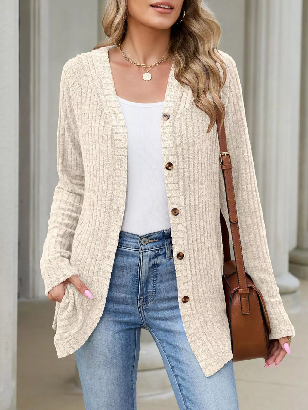 Ribbed Knit Hooded Button-Down Cardigan - Lilixa.store