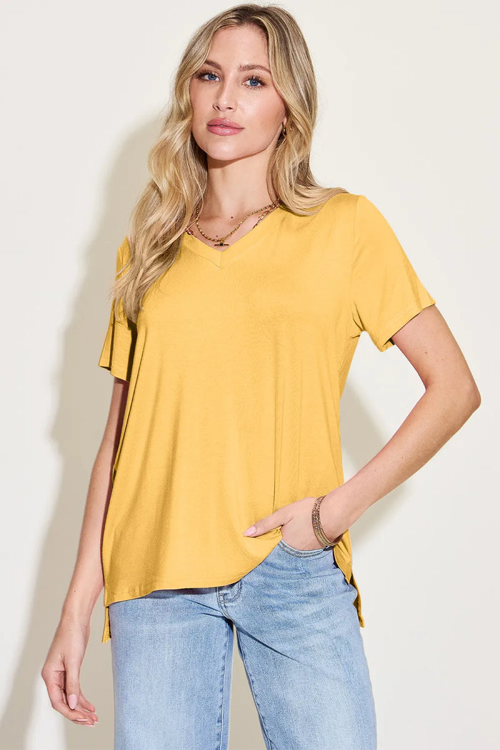 Basic Bae Bamboo Full Size V-Neck High-Low T-Shirt in Yellow