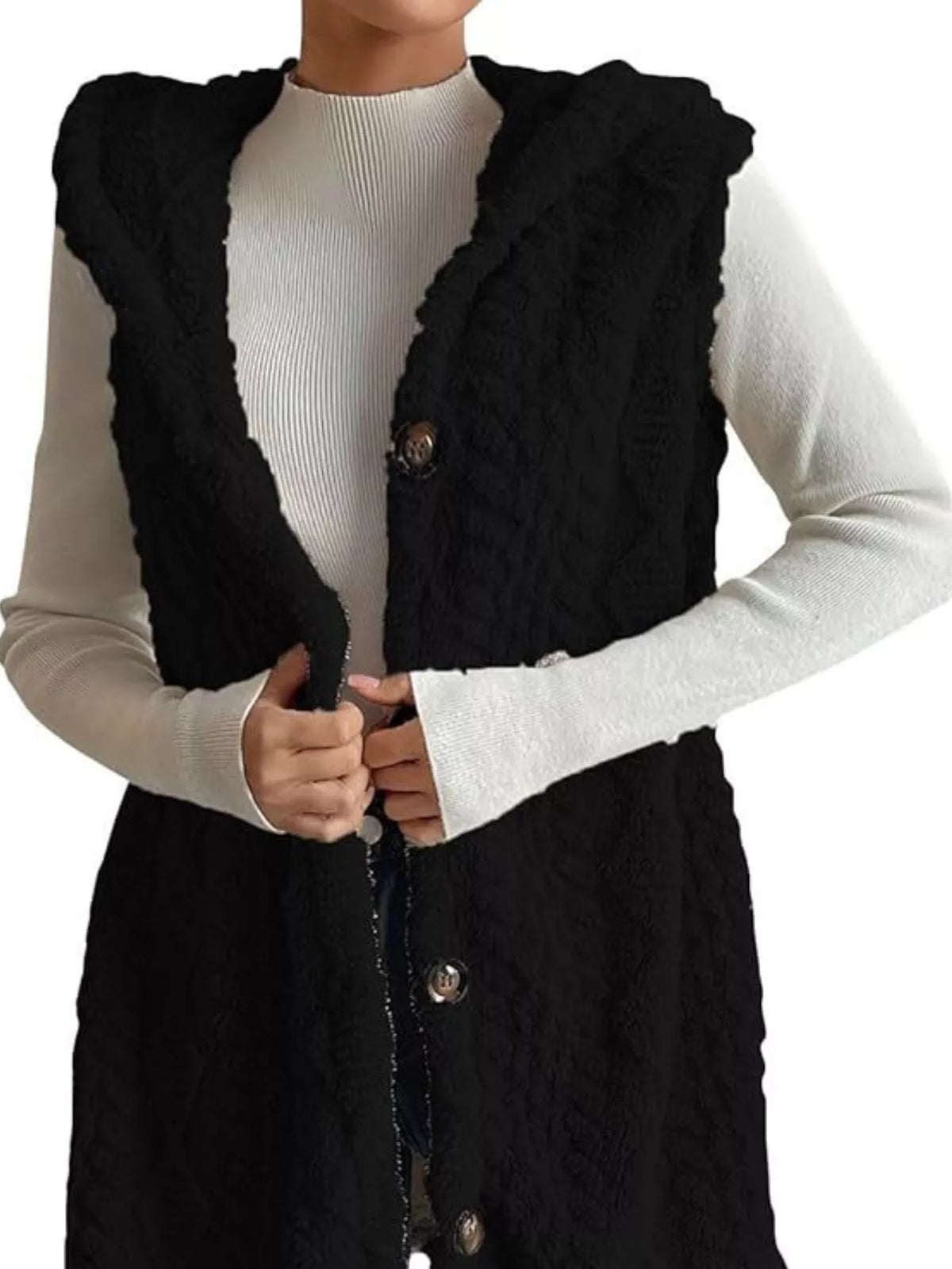 Button-Down Sherpa Hooded Vest Coat - Lilixa.store