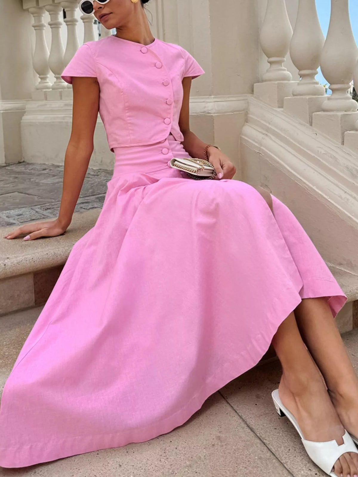 Cap Sleeve Button-Down Crop Top and Midi Skirt Set, view 7