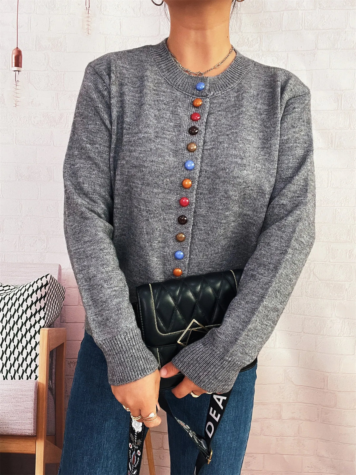 Button-Front Cardigan with Colorful Detail Buttons - Lilixa.store