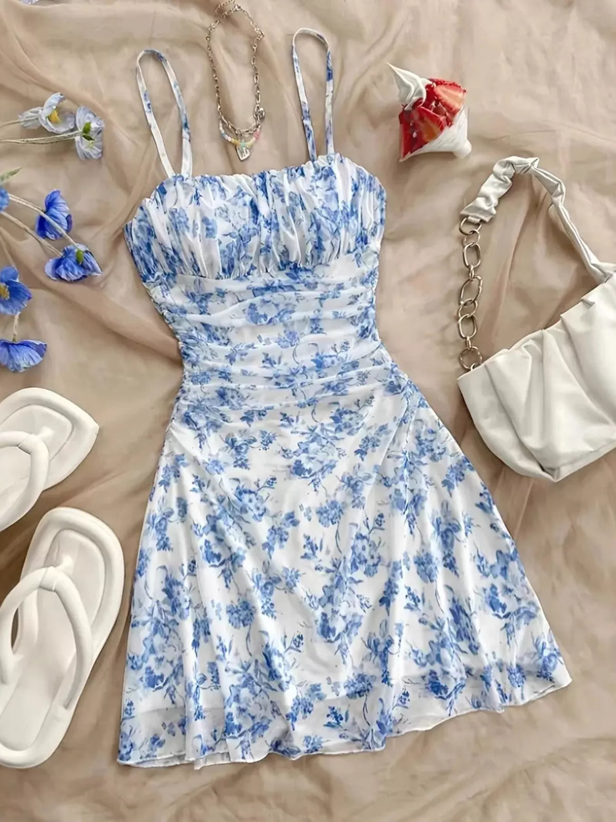 Floral Ruched Spaghetti Strap Mini Dress - Lilixa.store