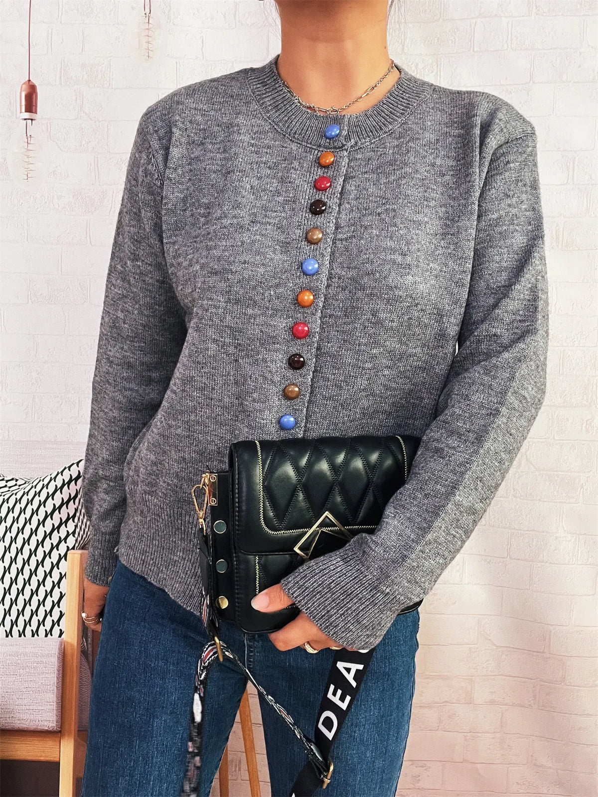 Button-Front Cardigan with Colorful Detail Buttons - Lilixa.store