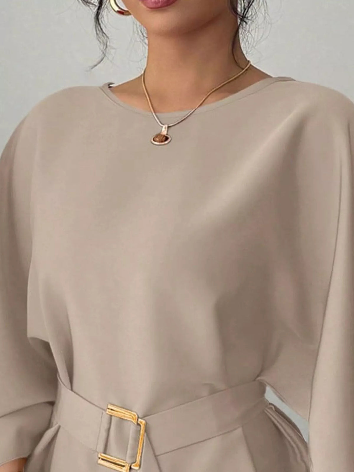 Round Neck Belt Batwing Sleeve Blouse - Lilixa.store
