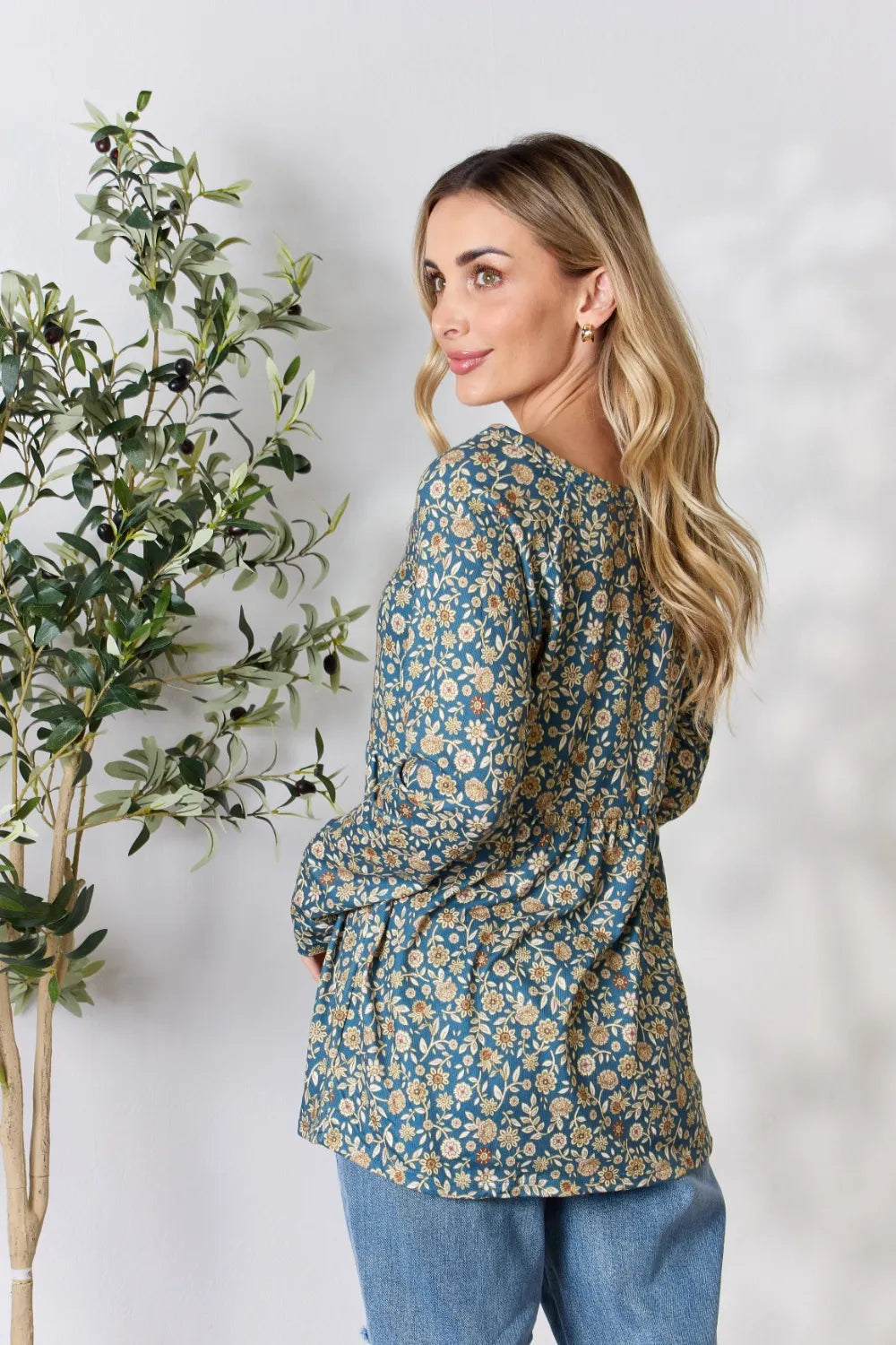 Heimish Full Size Floral Half Button Long Sleeve Blouse - Lilixa.store