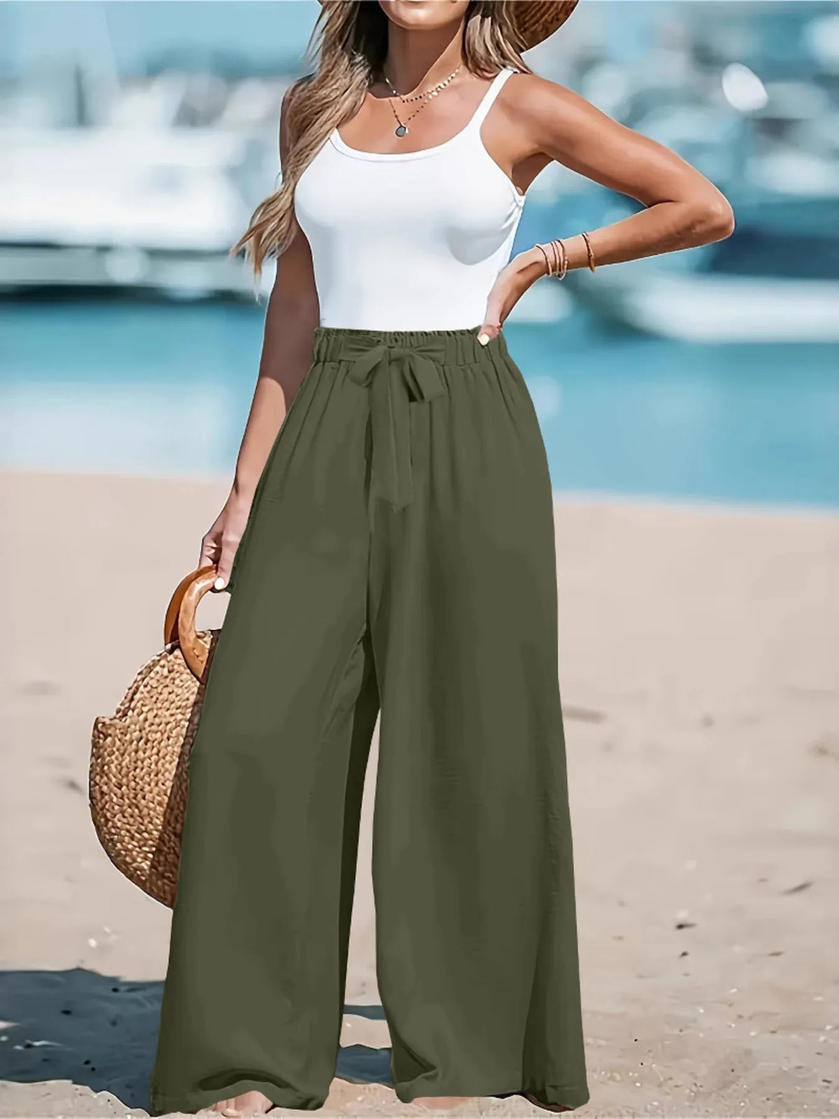 Full Size Drawstring Waist Wide Leg Pants Plus Size - Lilixa.store