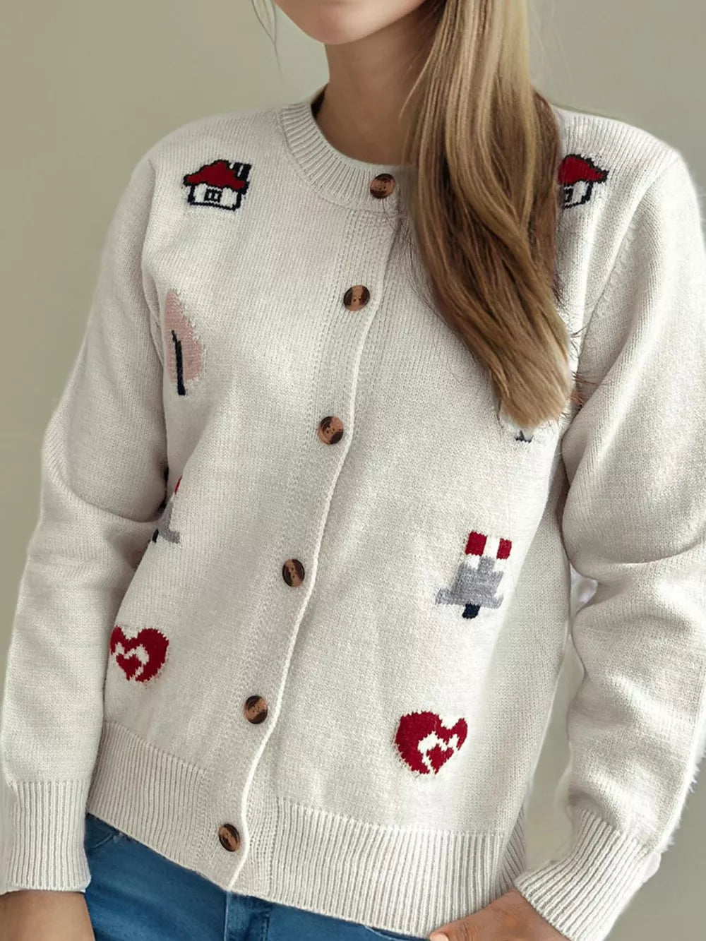 Button Up Round Neck Long Sleeve Cardigan - Lilixa.store