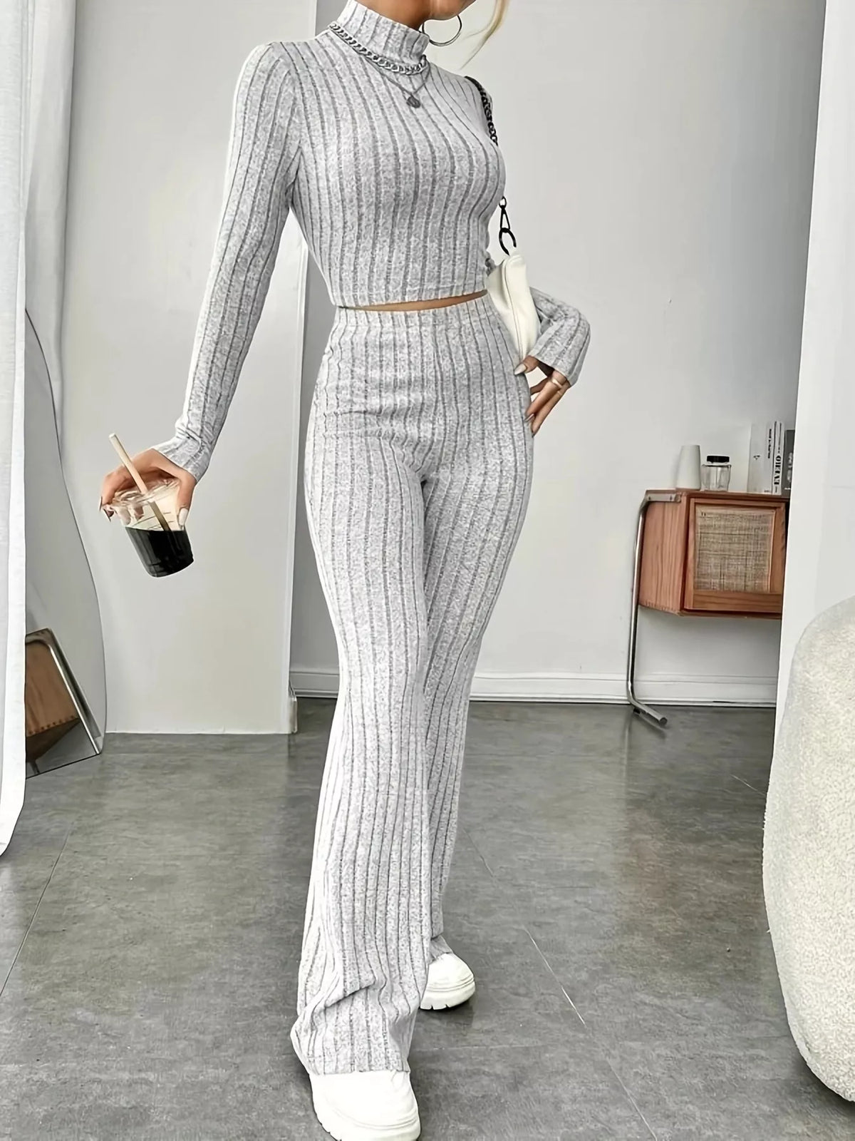 Ribbed Turtleneck Crop Top and Flare Pants Sweater Set - Lilixa.store