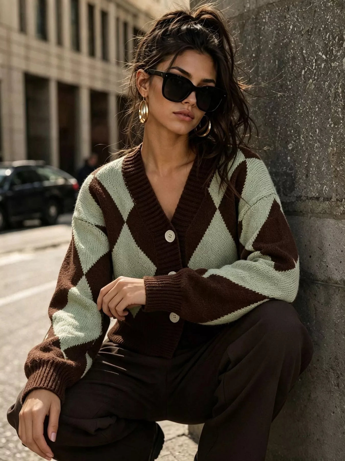 Argyle Pattern V-Neck Button-Down Cardigan, view 8
