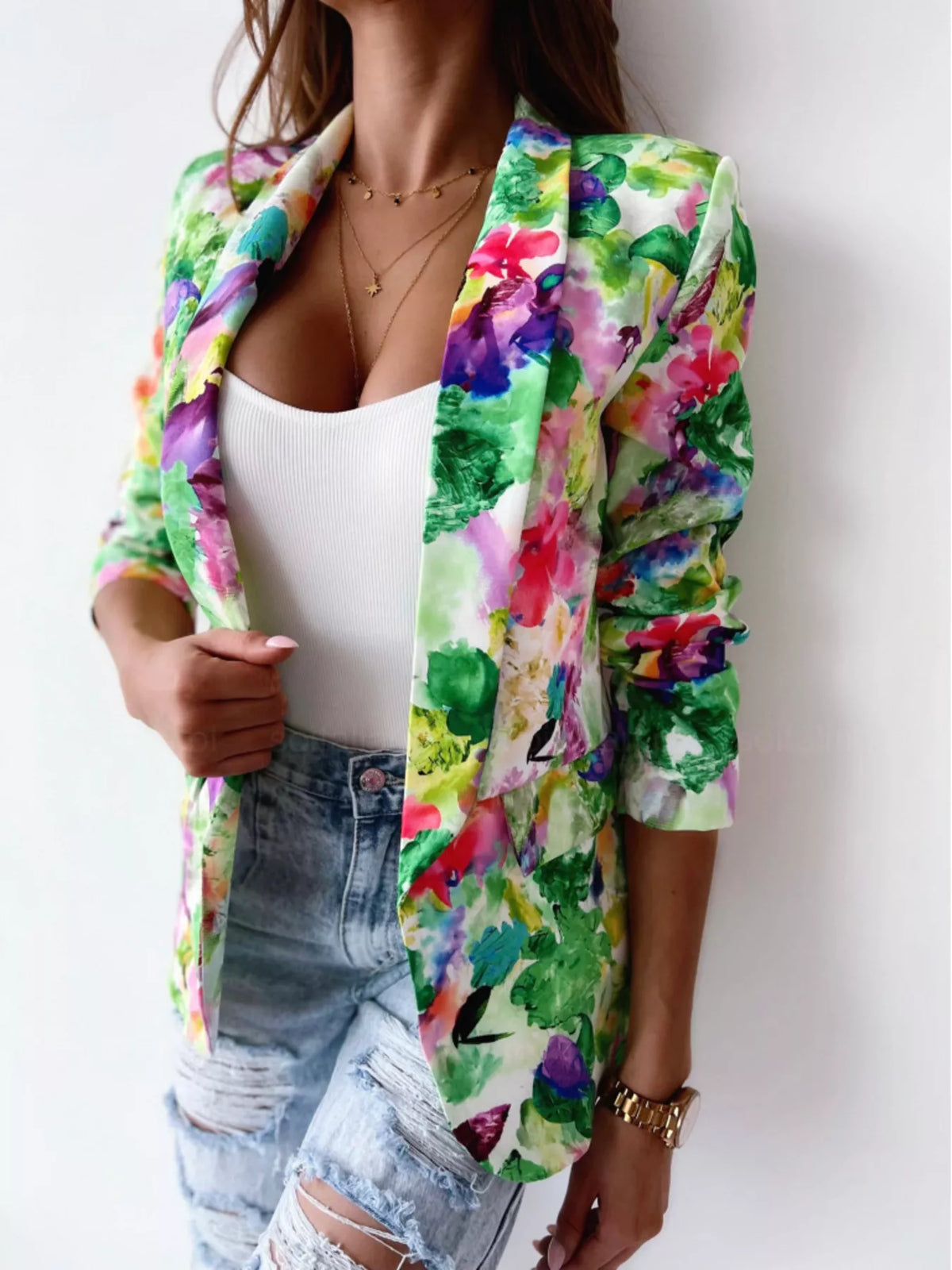 Vibrant Floral Print Open Front Blazer - Lilixa.store