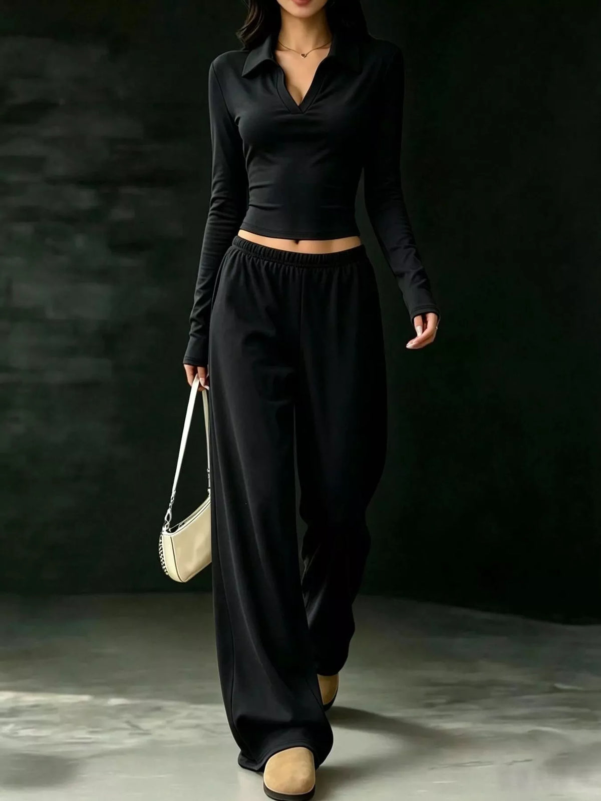 Solid Color Long Sleeve Polo Collar Top and Wide Leg Pants Set - Lilixa.store