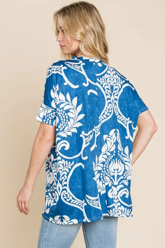 BOMBOM Printed Relaxed V-Neck Tunic Top - Lilixa.store