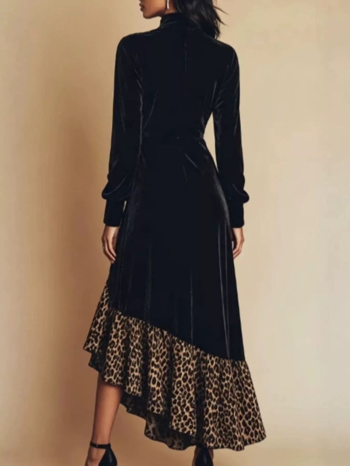 Leopard Ruffle Hem Mock Neck Dress - Lilixa.store