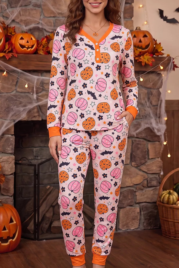 Halloween Pumpkin Print Long Sleeve Home Wear Lounge Set in Dusty Pink