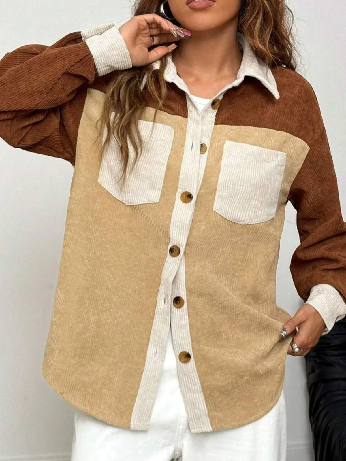 Color Block Corduroy Button-Up Jacket in Tan, view 3