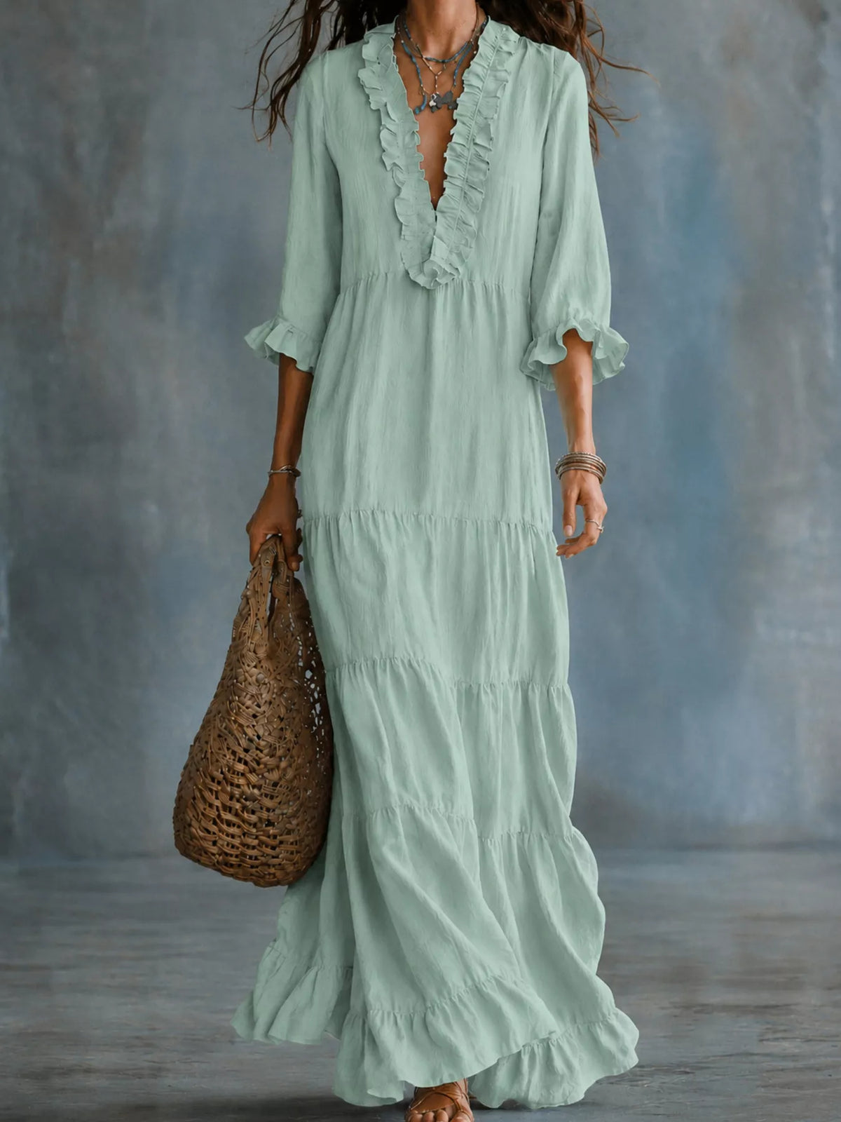 Ruffled V-Neck Tiered Maxi Dress - Lilixa.store