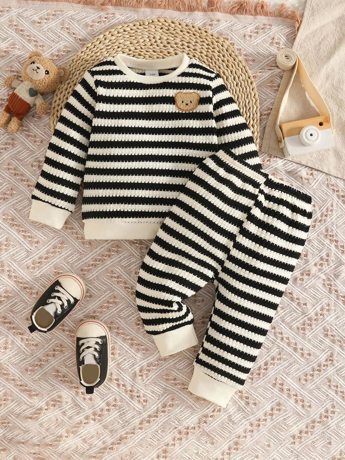 Children's Striped Knit Top and Pants Set in Black