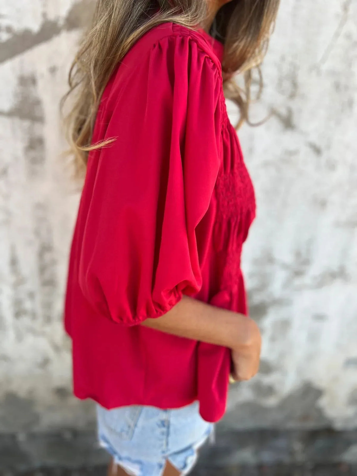 Full Size Smocked Puff Sleeve Blouse Plus Size - Lilixa.store