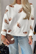 Sequin Football Print Round Neck Long Sleeve Loose Fit Sweater - Lilixa.store