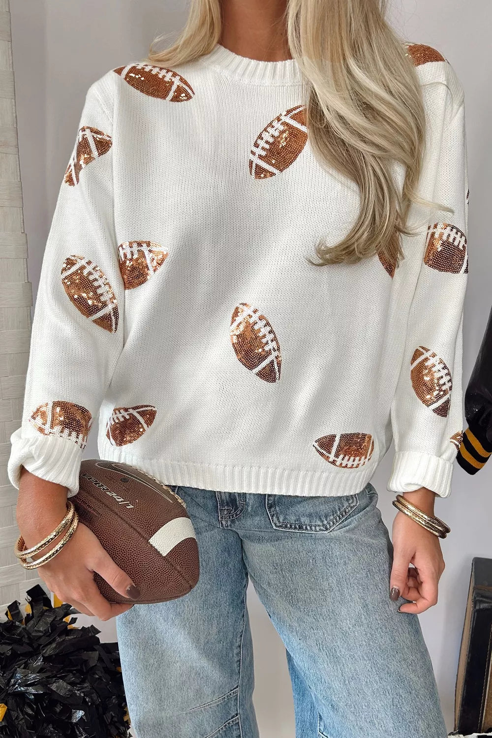 Sequin Football Print Round Neck Long Sleeve Loose Fit Sweater - Lilixa.store
