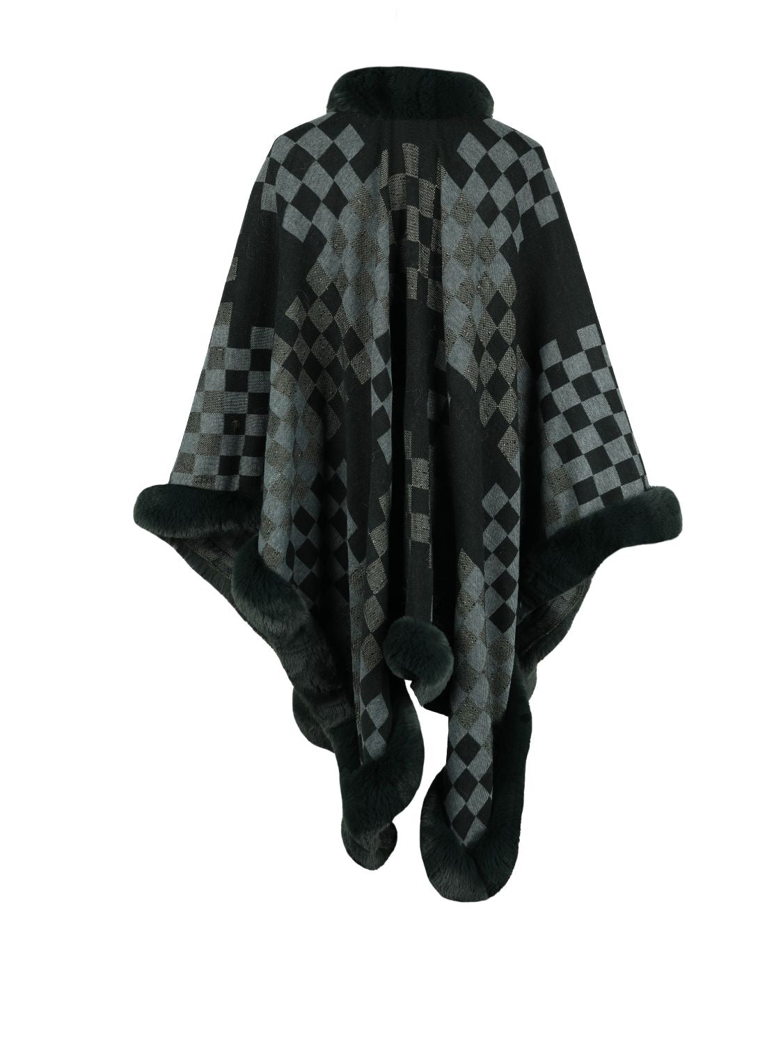Checkered Faux Fur Trim Poncho, view 9