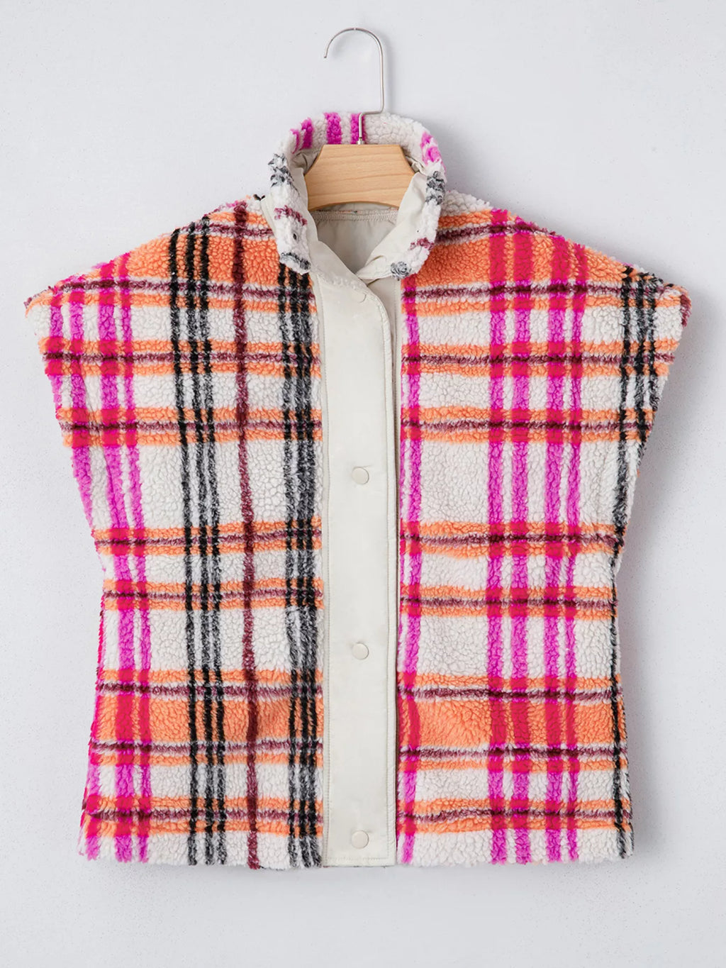 Sherpa Plaid Snap Down Vest Coat - Lilixa.store