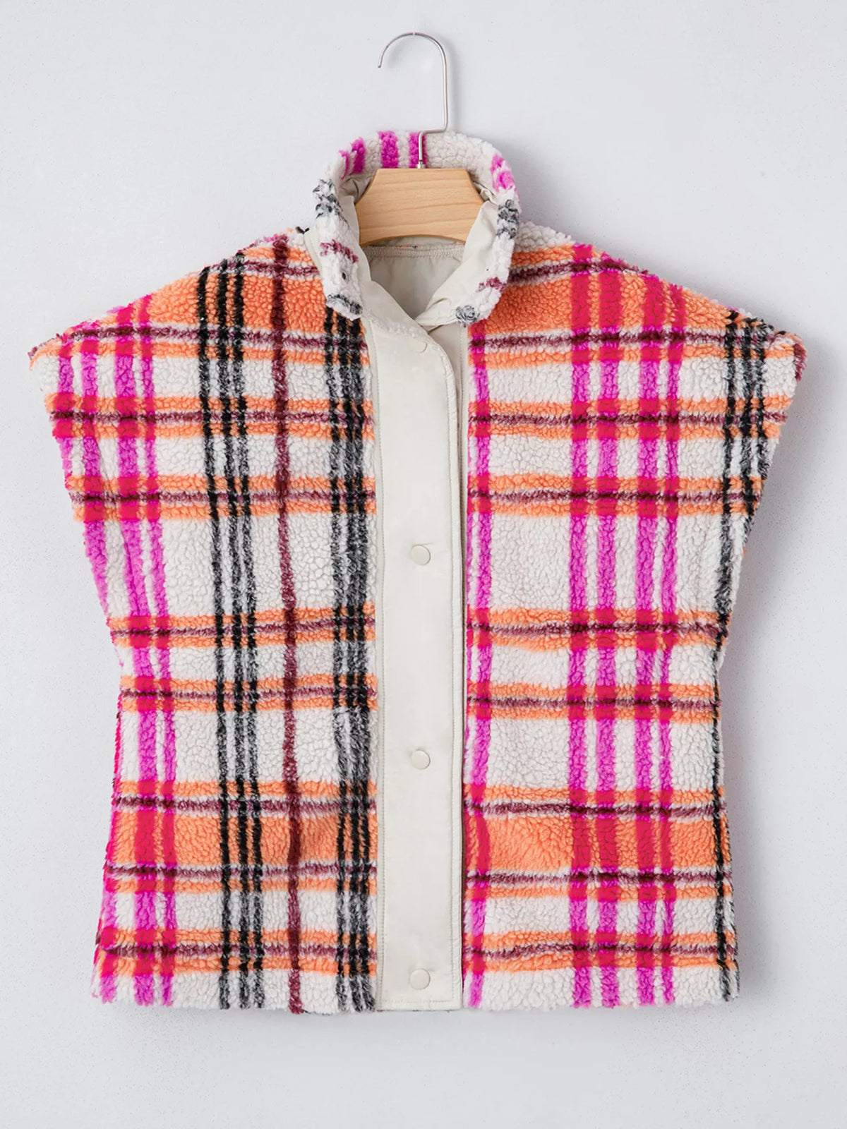 Sherpa Plaid Snap Down Vest Coat - Lilixa.store