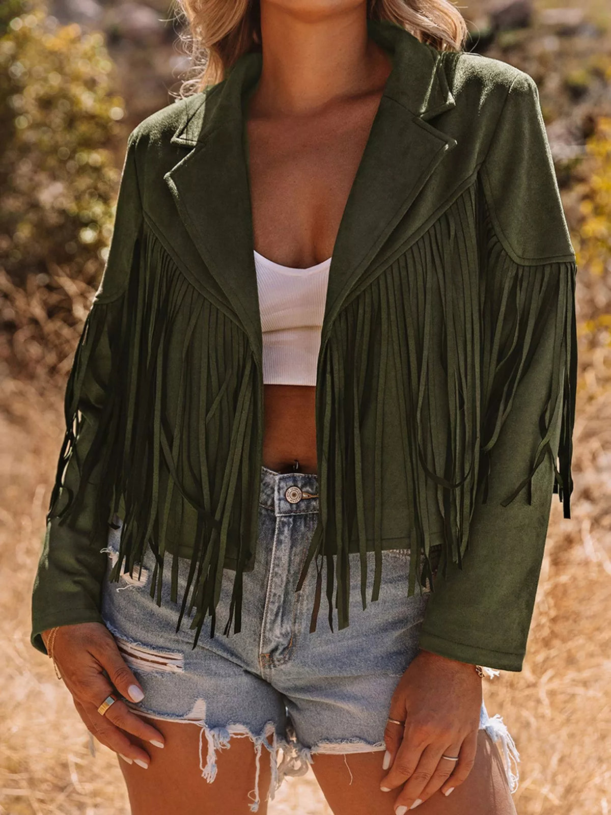 Cropped Fringe Faux Suede Jacket in Army Green, view 5