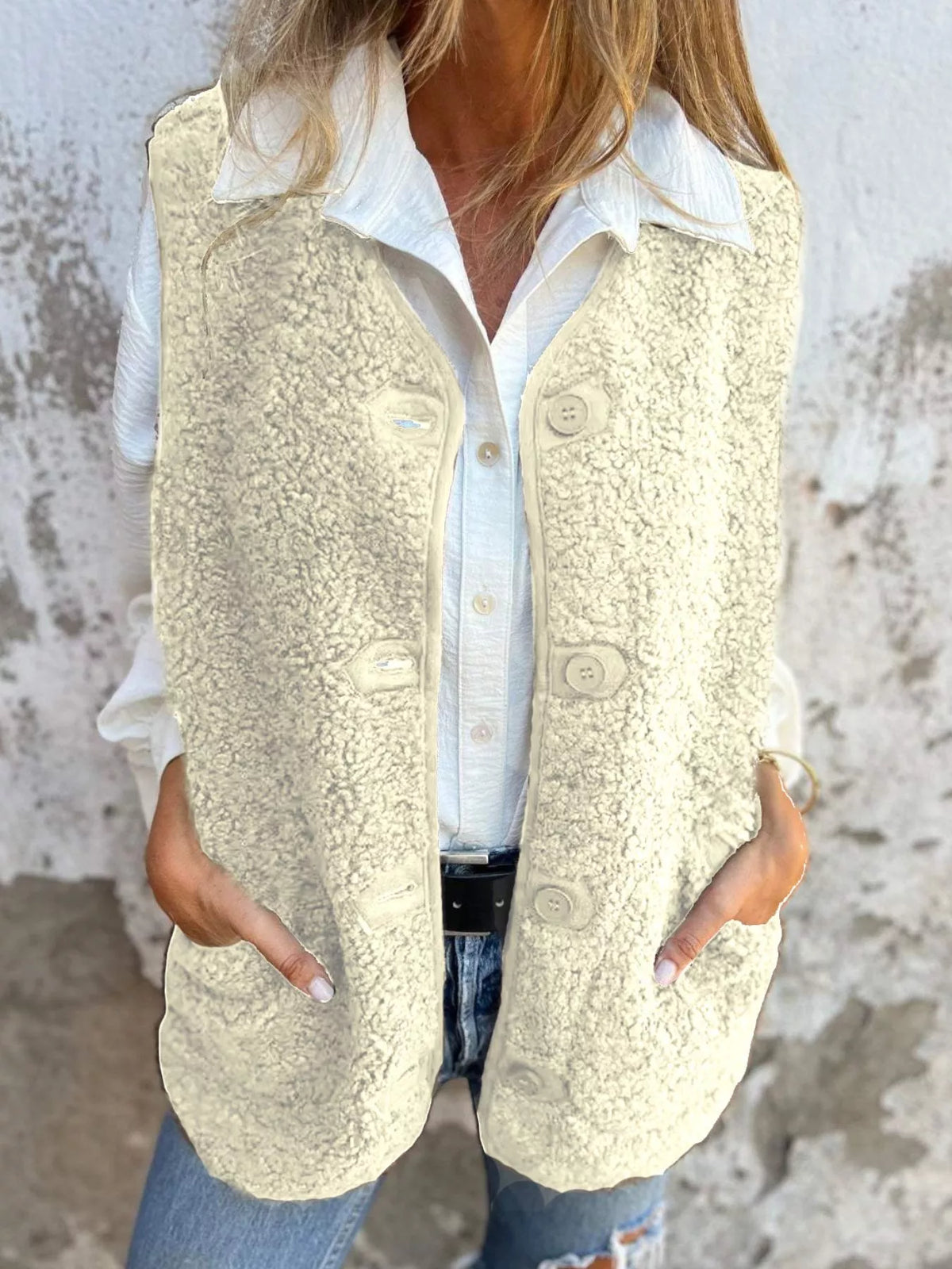 Full Size Cozy Sherpa Fleece Button-Up Vest Coat with Pockets Plus Size - Lilixa.store
