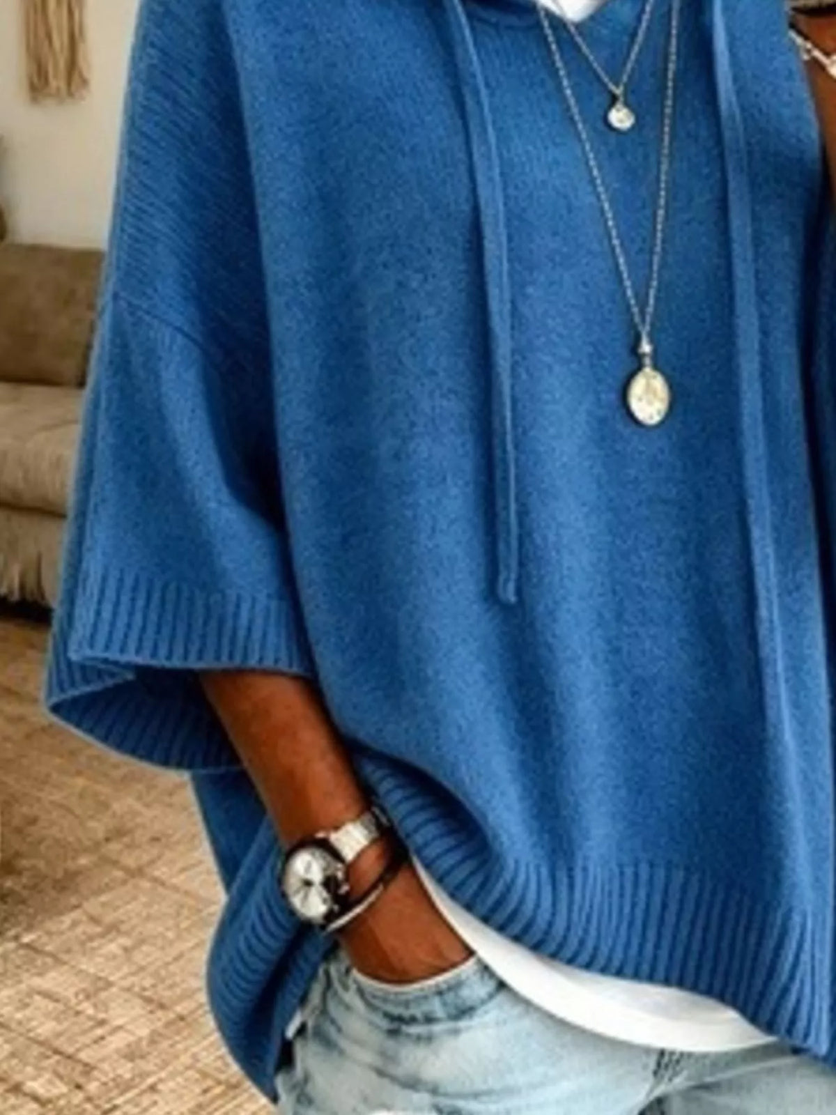 Full Size Casual Hooded Batwing Sleeve Knit Sweater Plus Size, view 2