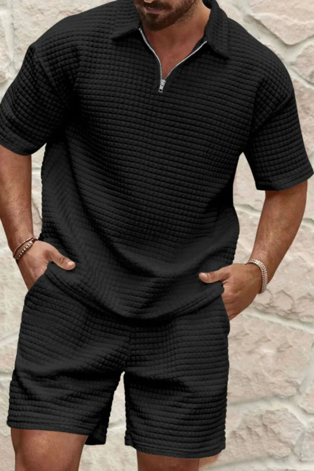 Men's Full Size Zip Collar Short Sleeve Top and Shorts Set Plus Size in Black