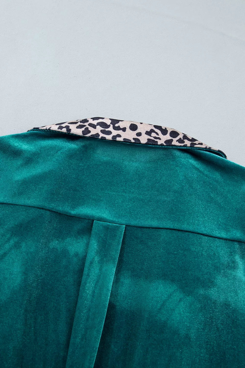 Velvet Contrast Leopard Print Lapel Collar Open Front Cardigan in Deep Teal, view 8