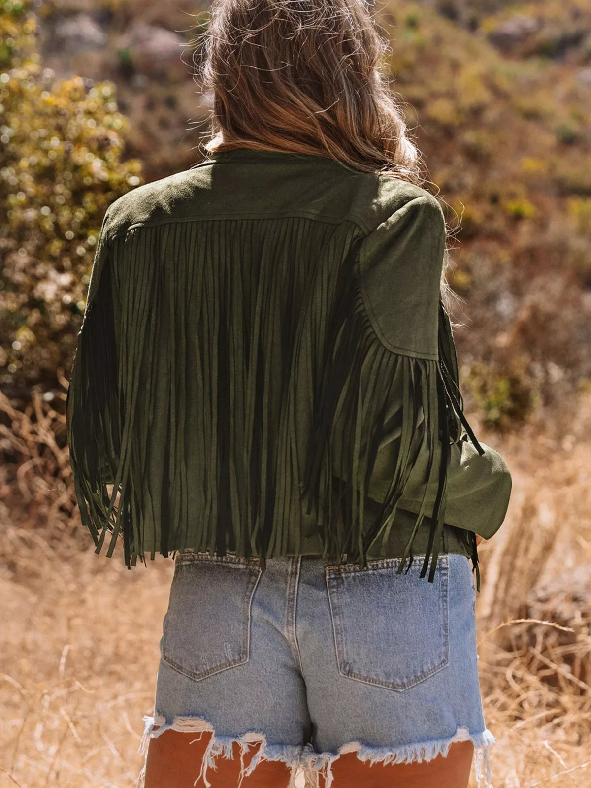 Cropped Fringe Faux Suede Jacket in Army Green, view 2